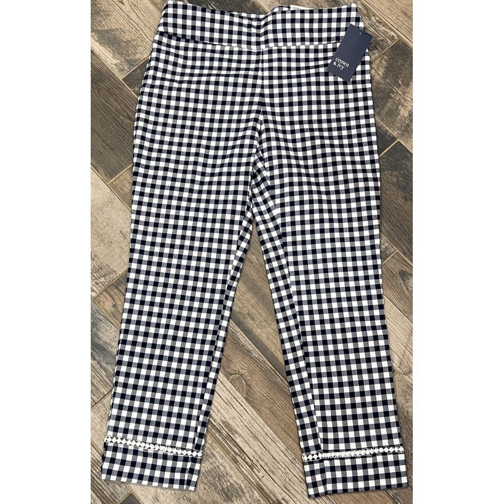 New $65 Crown & Ivy Millennium Ankle Pants 10P Petite Blue Gingham Checks 32